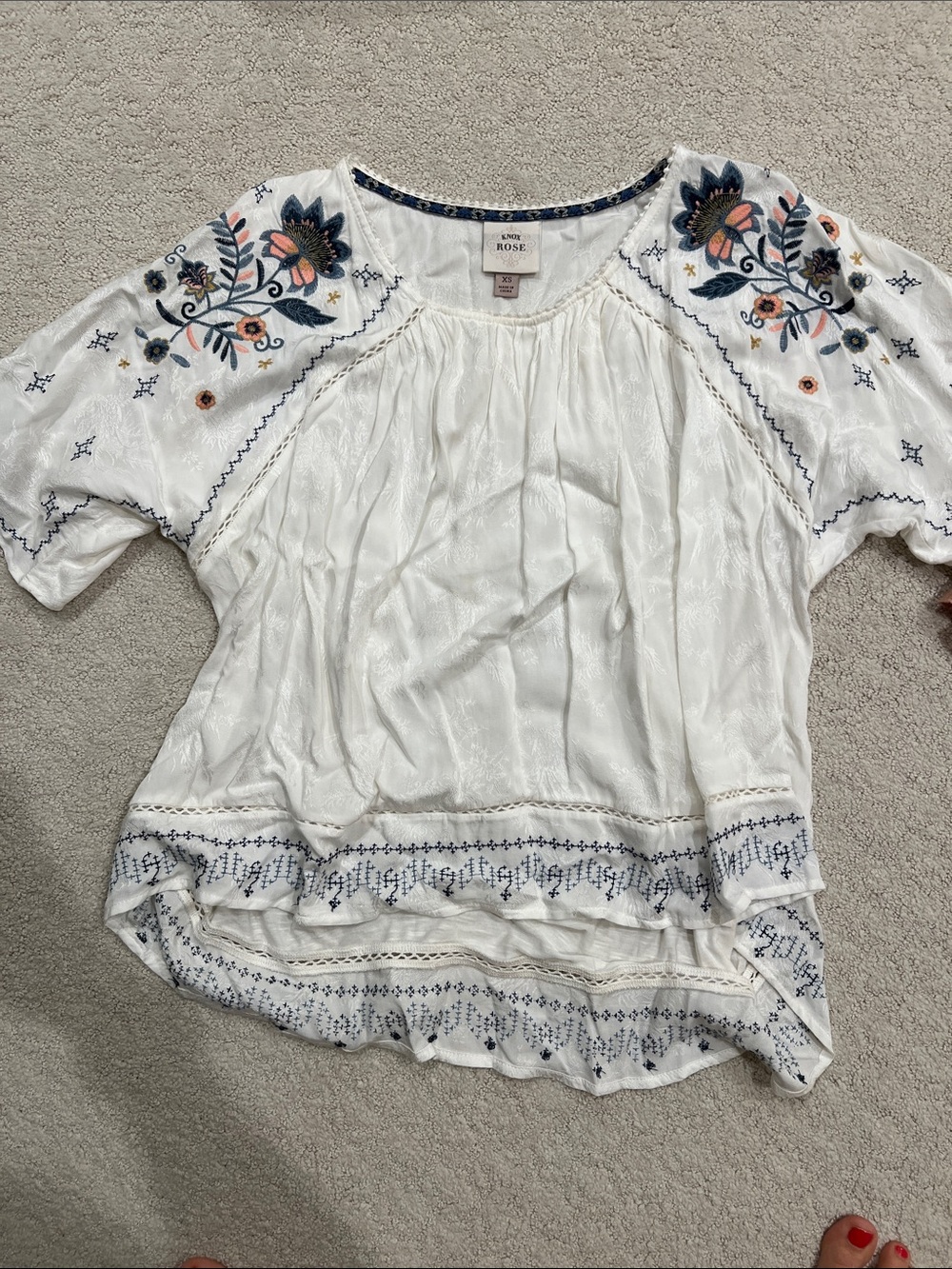 Knox Rose White Blouse with Navy & Coral Floral Embroidery
